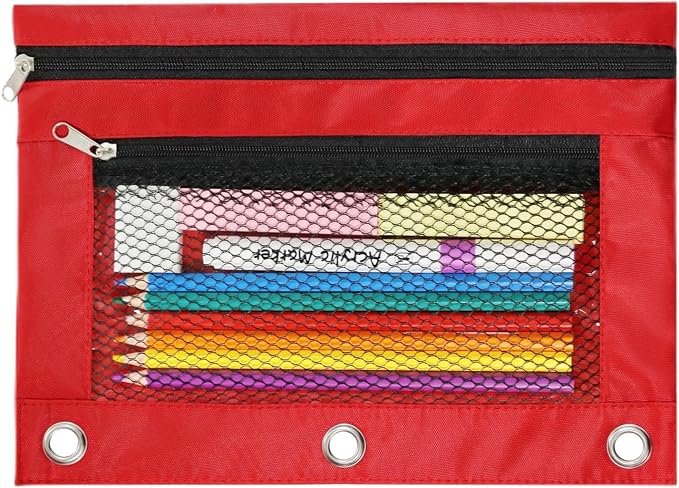 3 Ring Binder Pencil Pouch - Oxford Fabric Pencil Case with 2 Zippered Pockets, Clear Mesh Window Pencil Bag, B5 Size for Office & Travel Supplies (Red)