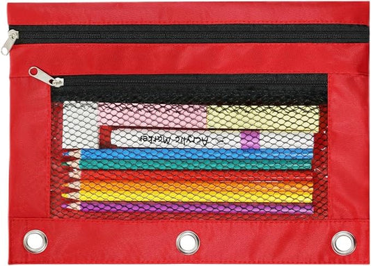 3 Ring Binder Pencil Pouch - Oxford Fabric Pencil Case with 2 Zippered Pockets, Clear Mesh Window Pencil Bag, B5 Size for Office & Travel Supplies (Red)