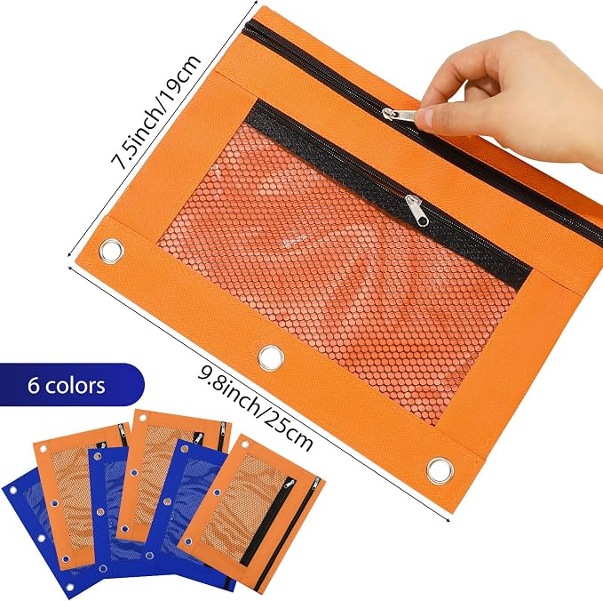 Leelosp 48 Pack Pencil Pouch for 3 Ring Binder Mesh Zipper Pencil Case Bags Binder Pouches Bulk for School Writing Utensils Storage Supplies (Blue,Orange)