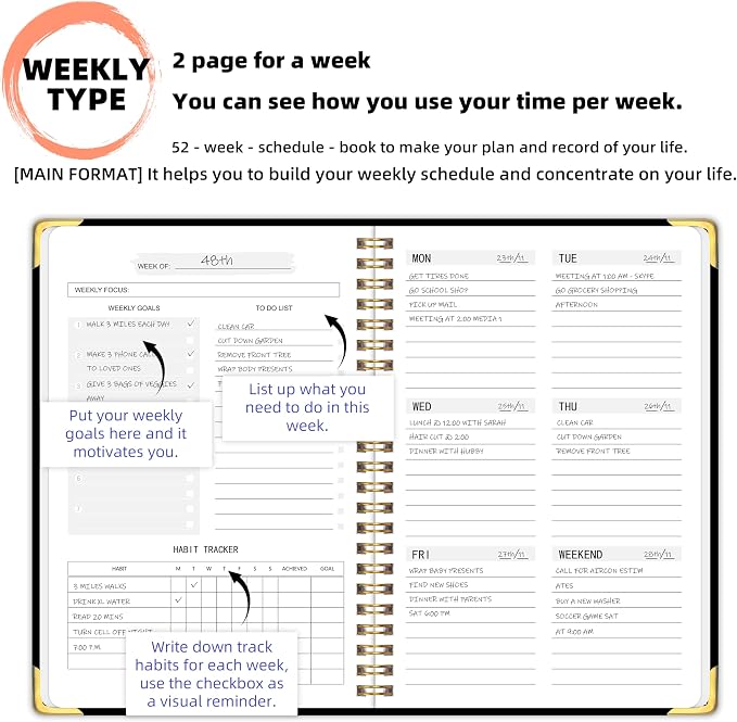 Undated Weekly Planner with To-Do List & Habit Tracker, 6" x 8" | 52-Week, 2-Page Weekly Spreads, No-Bleed Paper, Smooth Writing, Inner Pocket, Metal Corner Protector, Elastic Closure