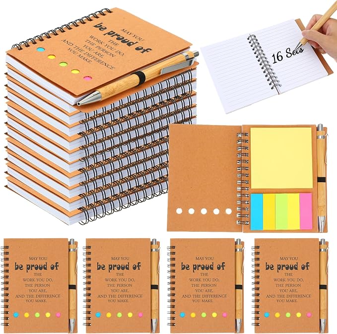 16 Sets Spiral Notebooks Sets Employee Appreciation Gifts Bulk with Sticky NotepadInspirational Journals with Retractable Bamboo Pens Encouragement Notepad Thank You Gifts for Staff Teacher Coworker