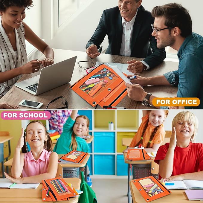Pencil Pouch for 3 Ring Binder, 2 Pack Pencil Bags with Zipper, Orange Pencil Case for Classroom School Office Supplies, Large Sturdy and Durable Cloth Pencil Pocket for 3 Holder Binder