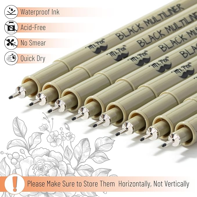 Mr. Pen- 0.45mm Micro Fine Point Pens, 8 Pack, Black Ink, Waterproof | Acid-Free, No-Smear Quick-Dry Fineliner Pens for Drawing, Sketching, Bible Journaling, Outlines & Everyday Writing