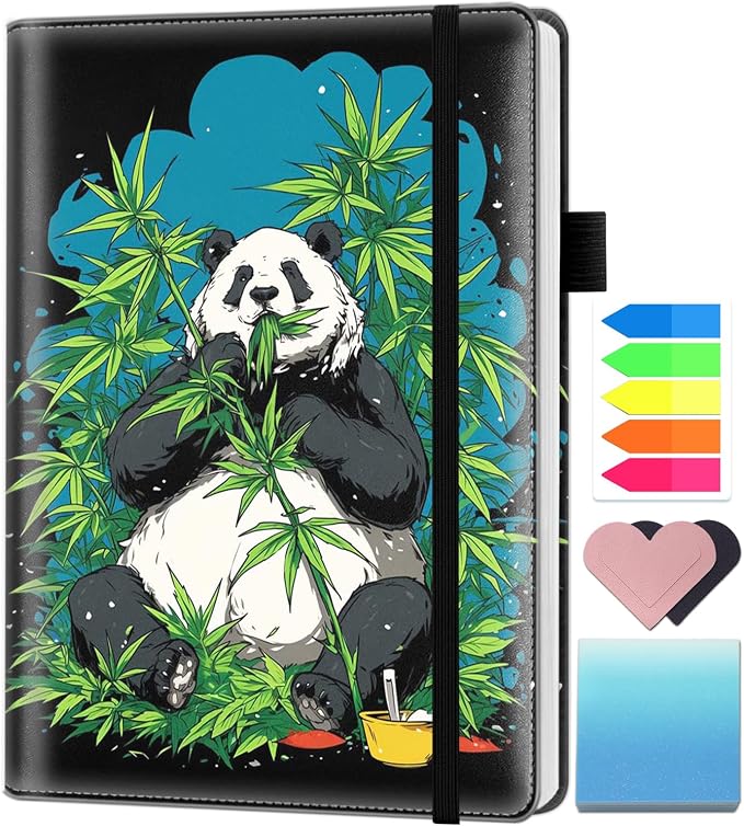 A5 Leather Lined Journal Notebook, 200 Pages Hardcover Executive Notebook for Men Women Office School Note Taking, Thick Writing Paper Daily Journal with Bookmarks/Indexes, Panda Bear Hippie