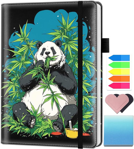 A5 Leather Lined Journal Notebook, 200 Pages Hardcover Executive Notebook for Men Women Office School Note Taking, Thick Writing Paper Daily Journal with Bookmarks/Indexes, Panda Bear Hippie