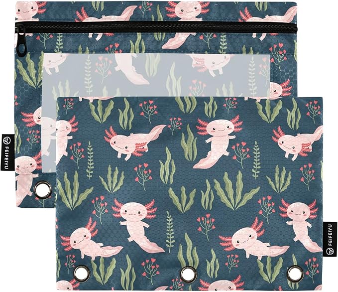 Emelivor Cute Salamander Pencil Pouch for 3 Ring Binder 2 Pack Binder Pencil Case with Clear Window Pencils Bags with Zipper for Office Daily College Home Supplies