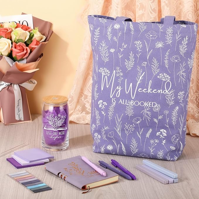 Havawish 14 Pcs Book Lovers Gift for Women 16 oz Glass Cup Tote Bag A6 Journal Notebook Pens Highlighters Sticky Notes Back to School Teacher Librarian Bookish Book Club(Purple,Aesthetic)