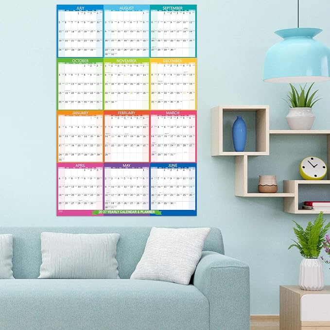 2026-2027 Yearly Wall Calendar - Calendar 2026-2027, July 2026 - June 2027 | Large Wall Calendar 26-27, 34.8" x 22.8"(Open), Full Year Calendar Large, One Page Vertical with Round Stickers - Colorful