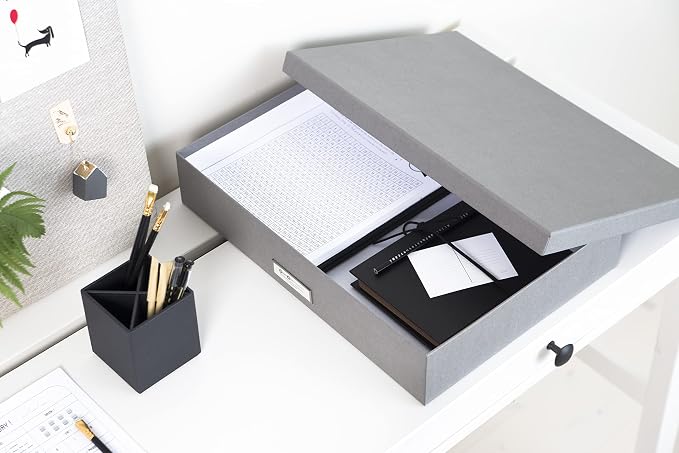 Bigso Box of Sweden Document Box with Lid for Papers in A3 format - Document Organiser Tray with Lid and Handle - Storage Container Made of Fibreboard and Paper - Grey