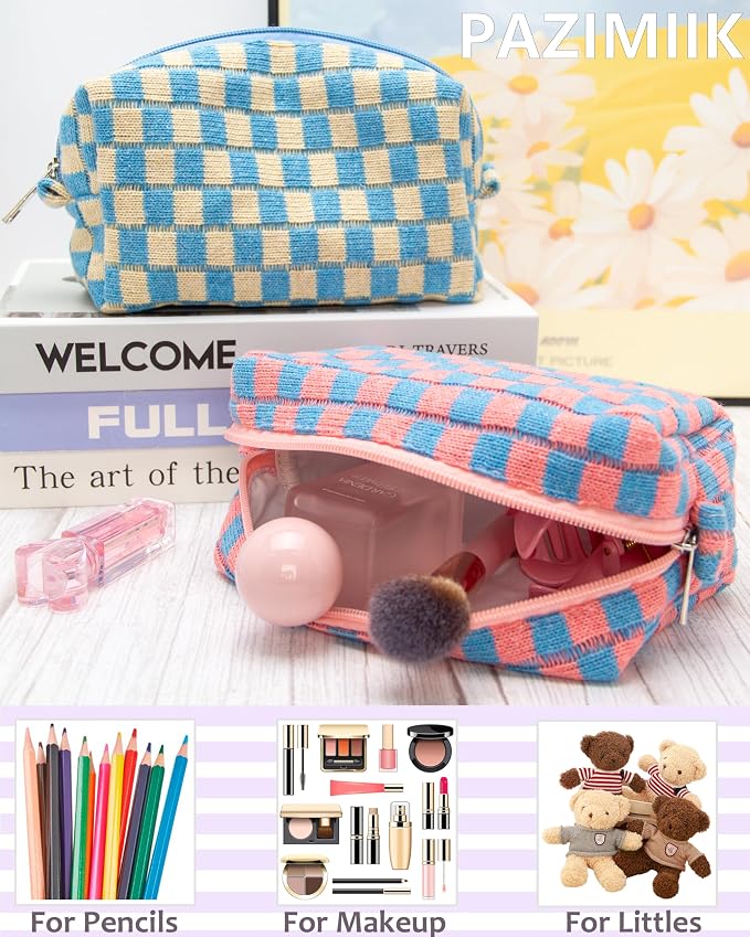 Checkered Makeup Bag for Purse, Small Travel Cosmetic Pouch,Red Blue | Cute Zipper Makeup Organizer for Women, Travel Essentials, Toiletries, Makeup Brushes, Beauty Accessories&Bridesmaid Gifts