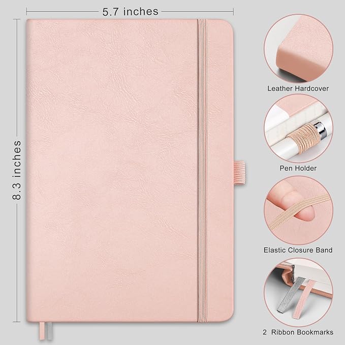 RETTACY Graph Grid Paper Notebook, 192 Pages, A5 Size (5.7'' x 8.3'') | 5 Squares per Inch, Leather Hardcover, 100 GSM Thick Paper, for School, Students, Math, Engineering (Rose gold)