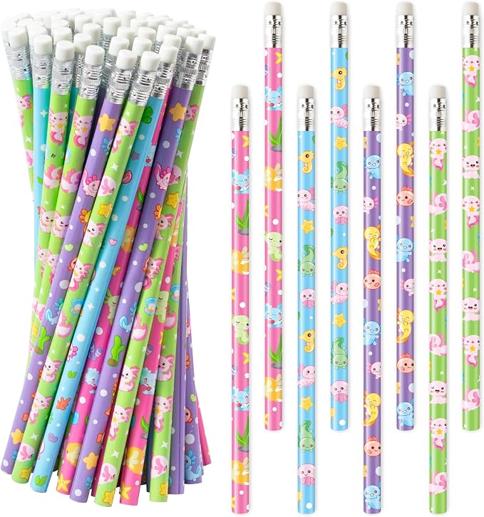 Xqumoi 60Pcs Cute Axolotl Pencils with Erasers - 4 Designs #2 HB Pencils in Bulk Axolotl Stationery for Studet Classroom Rewards Goodie Bag Fillers Stuffers, Birthday Party Favors School Supplies