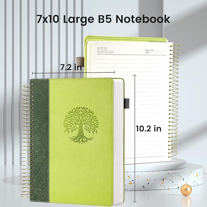 Spiral Notebook Wide Ruled Leather Journal for Women, 300 Pages, 7X10,Green | Large Notebooks for School Office, Note Taking Notebooks for Writing Lined Notebook with Tabs Pockets Pen Holder