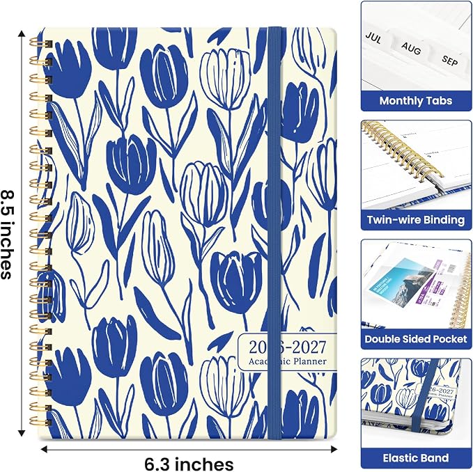 Planner 2026-2027, Academic Year Weekly and Monthly Calender Planner, from Jul 2026 - Jun 2027, Spiral Bound School Planning Book, Perfect for Teacher, Student, Women & Men, A5 (6.3" x 8.5"), Indigo Tulips