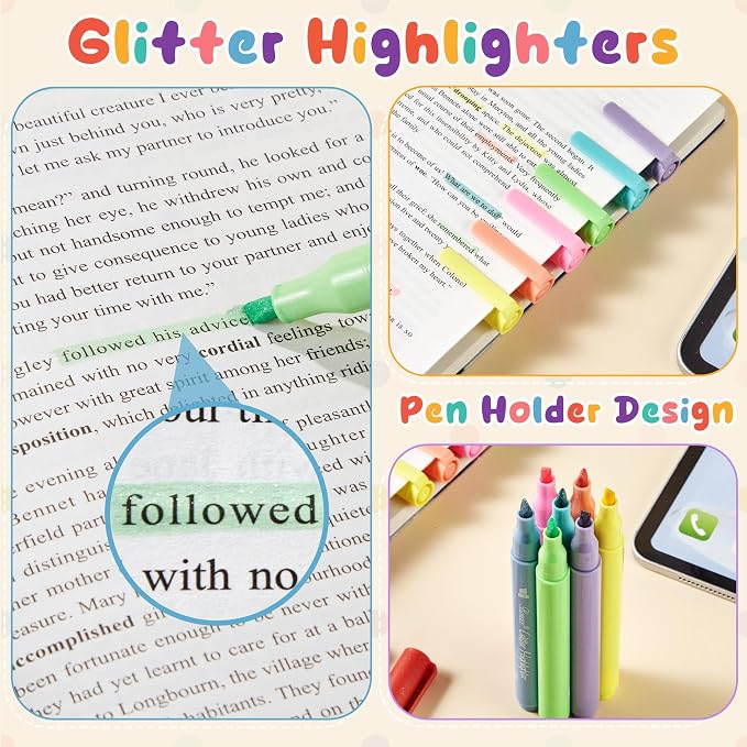 Silver Glitter Highlighters, 12 Metallic Colors, No Bleed Chisel Tip | Quick Dry for Bible Journaling, Planners, Scrapbooks & DIY Crafts
