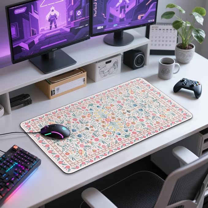 Pink Floral Desk Mat 31.5"x15.7" | Extra Large Mouse Pad, Non-Slip Rubber Base, Waterproof Desk Blotter, Stitched Edges, Smooth Computer Mat Office