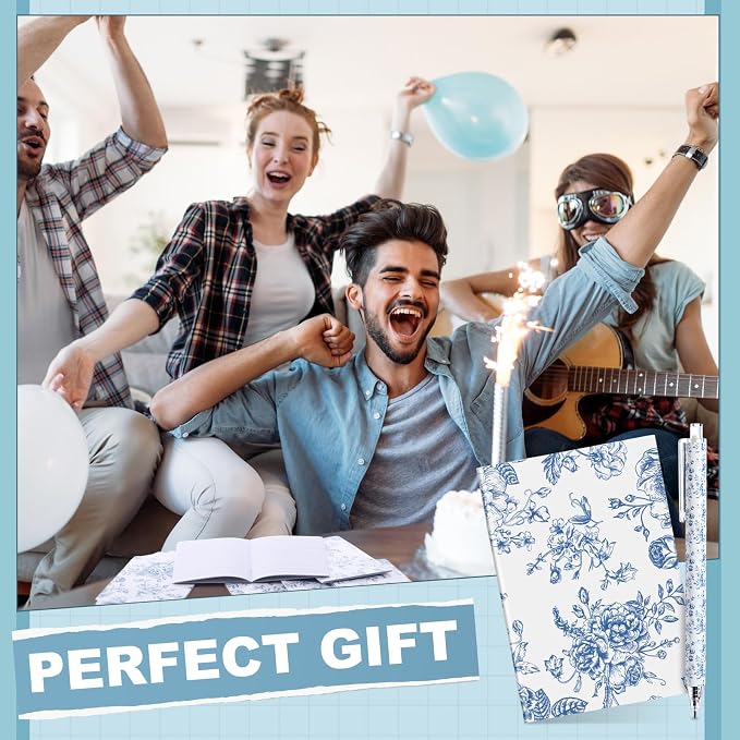Engrowtic 24 Set Blue and White Floral Mini Notebooks and Ballpoint Pens Chinoiserie Vintage Pocket Notepads Gel Pens Small Journals for Bridal Wedding Baby Shower