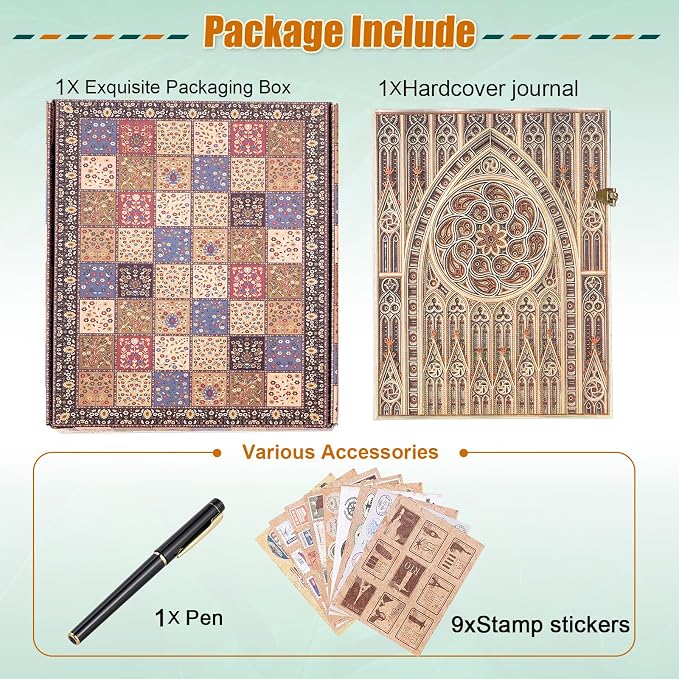 Retro 3D Hot Stamping Gothic Dome Patterned Cover Notebook,Contains 96 Sheets/192 Blank Lines Lined Journal,With Envelope Pocket Journal,Suitable As A Notebook,Travel Diary,Wedding Anniversary.
