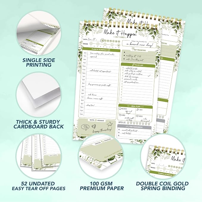Decorably 52 Sheets Forest Green Undated Daily To Do list - 6.5x10in Spring-Bound, Easy Tear-Off, Planner Pad, Schedule, Priorities, Agenda, Water Intake, Meals, Notes and Doodles - Home, Office