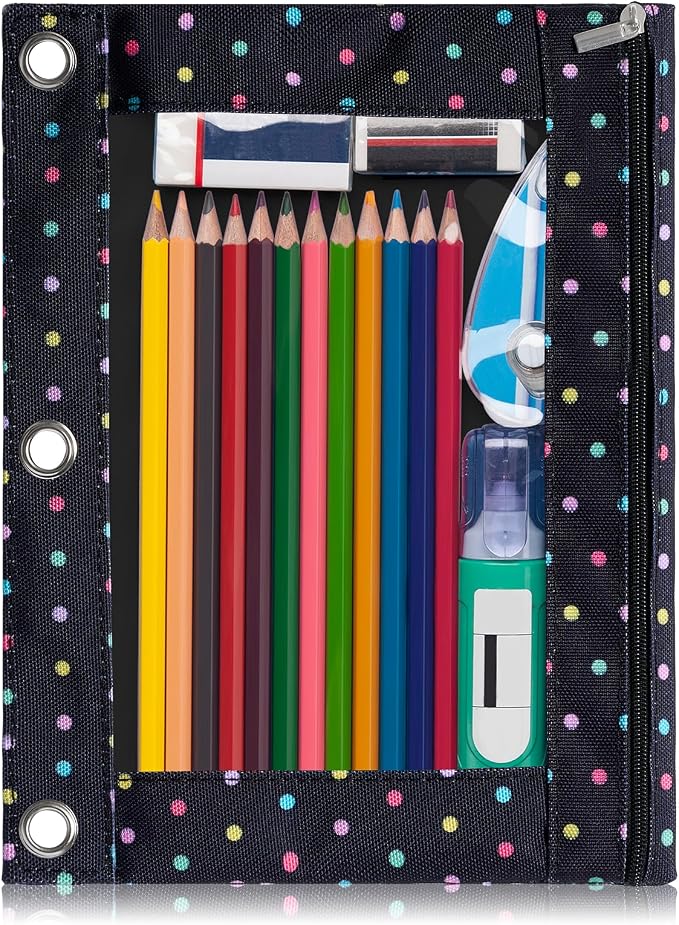 Forvencer Pencil Pouch for 3 Ring Binder, Large Pencil Case Pouch with 3 Reinforced Grommets, Pen Bag, Clear Window Pencil Case, Binder Accessories, Black Polka Dot
