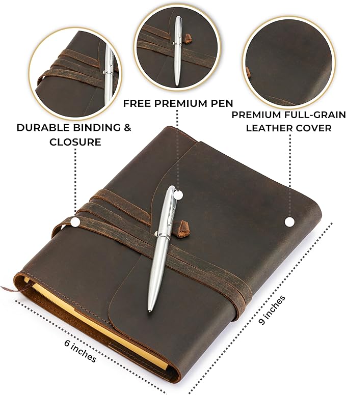 Premium Leather Journal for Men Women - Refillable Leather Notebook Cover with Pen - Leather Bound Notebook Lined Paper A5, Travel Journal - Ideal for Writing, Journals, and Notebooks