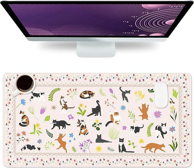 Cute Cats Large Mouse Pad, Desk Matt for Desktop, PU Leather Waterproof Desk Pad, Computer PC Laptop Protector Gaming Mouse Pads for Cat Lover Gifts (31.5" x 15.7")