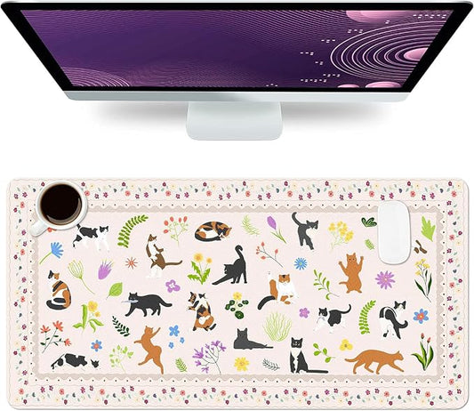 Cute Cats Large Mouse Pad, Desk Matt for Desktop, PU Leather Waterproof Desk Pad, Computer PC Laptop Protector Gaming Mouse Pads for Cat Lover Gifts (23.6" x 11.8")