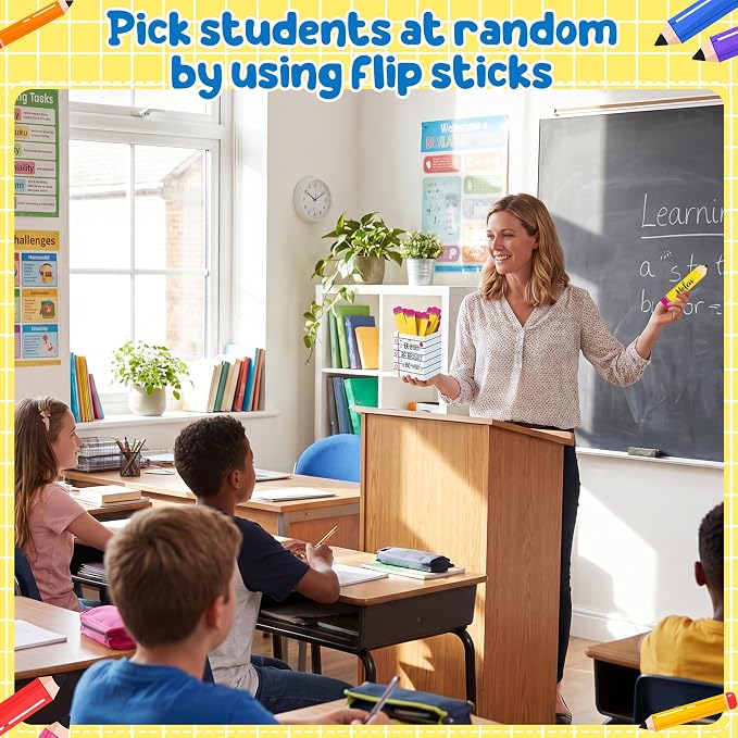 CJiangpo 51Pcs Pencil Flip Name Sticks with Holder Back to School Supplies | Classroom Talking Flip Name Sticks, Teacher Essentials Student Management, Educational and Learning Activities Grouping Tool