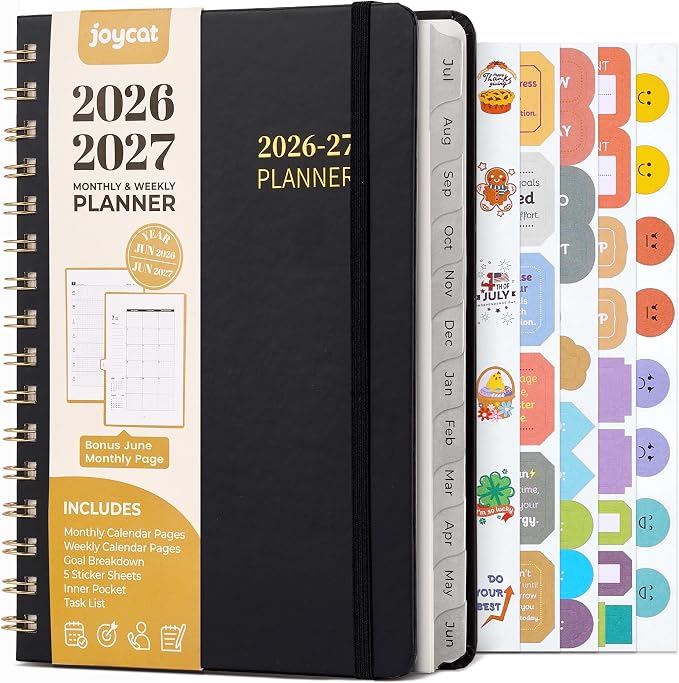JoyCat Academic Planner 2026-2027, A5 Weekly & Monthly, Black | July 2026-June 2027 A5 planner combines weekly and monthly layouts, tabs, grid notes and sticker sheets.