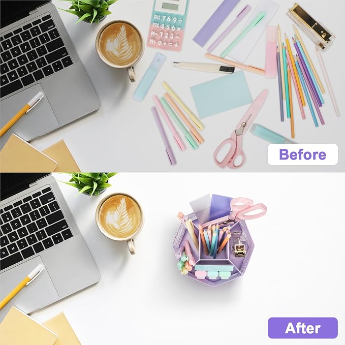 Exerz Desk Organizer 360 Rotating Pen Holder Storage Caddy Light Purple | Smooth Spinning Base With Open Mesh Sections Easy Access To Pens Brushes Scissors Daily Desk Tools
