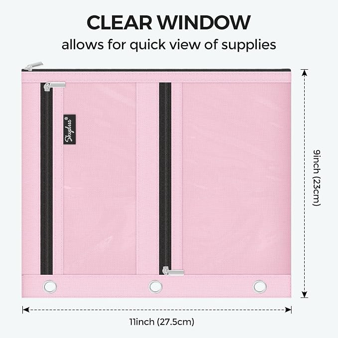 SKYDUE Pencil Pouch for 3 Ring Binder, 3 Compartment Zipper Pencil Case, Large Capacity Pen Organizer with Clear PVC Window for School Supplies, Students, Kids & Teachers