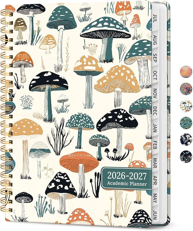 Planner 2026-2027, Academic Year Monthly and Weekly Calendar Planner, Jul 2026 - Jun 2027, Hardcover Teacher Student Planning Agenda book with Tabs, Perfect for School Office Supplies, 8.5" x 11" - Mushrooms Grove