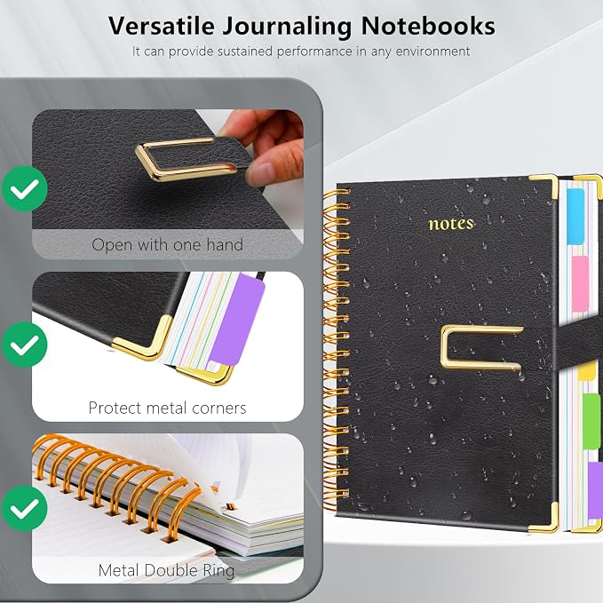 Hardcover Spiral Notebook College Ruled, 8"x10" Leather Journal Notebook with Magnetic Closure, 300 Pages 5 Subject Notebook with Dividers Tabs Journal for Women Men, Work, School(Black)