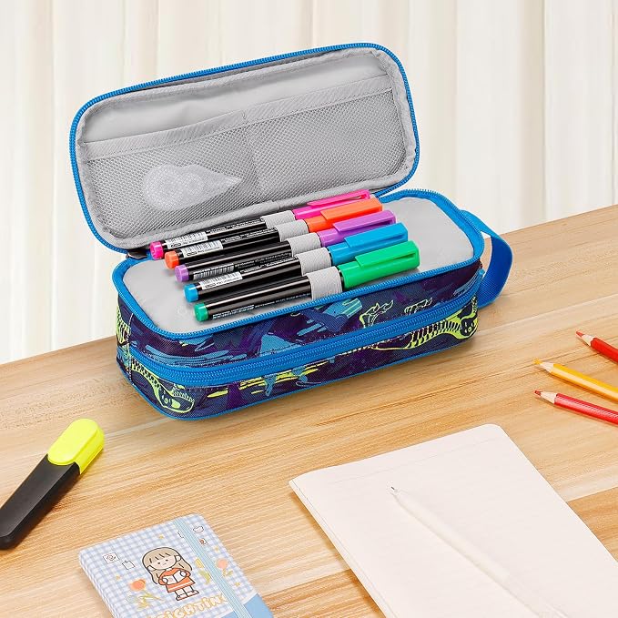 Choco Mocha Boys Pencil Case for Kids, Soft Large Zipper Pencil Pouch for Boys with 2 Compartments Boy Pencil Case for School Dinosaur Pencil Bag, Navy Blue