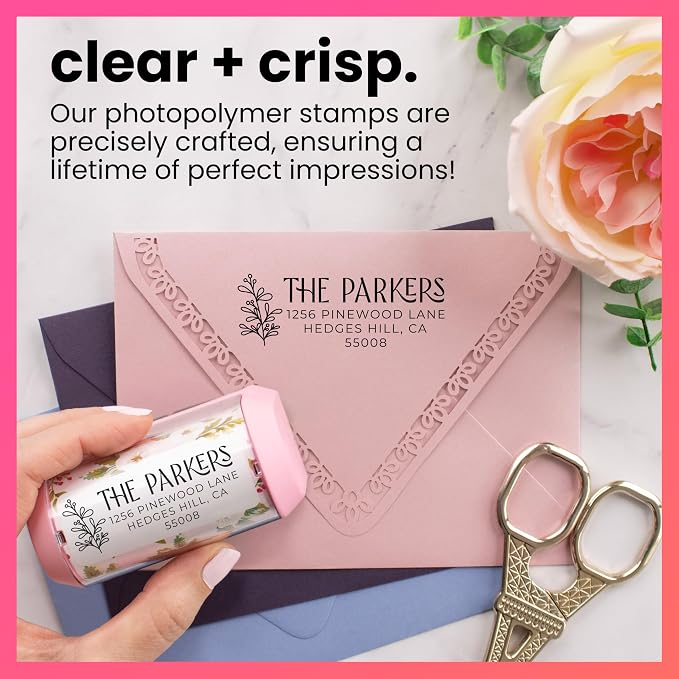 ExcelMark Address Stamp - Custom Return Address Stamp with Elegant Designs, Vibrant Colors & Patterns – Perfect for Mail, Invitations & Gifts (Pink, Foliage Edge)