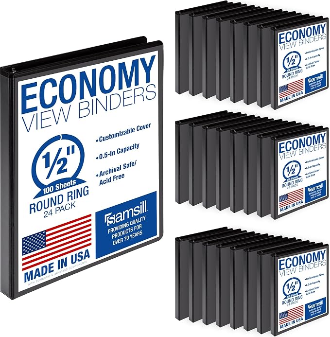 Samsill 0.5 Inch 3 Ring Binders, Economy Round Ring, Clear View Cover, 100 Sheet Capacity - for School, Home, Office - Black, 24 Pack