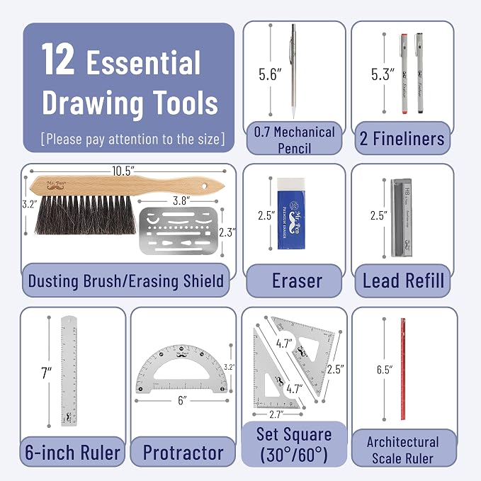 Mr. Pen- Professional Drafting Tools & Geometry Set with Case, 17 pcs | Mechanical Pencil, Fineliners, Scale Metal Ruler, Drawing Templates for Interior Design House Plan, Architect Protractor Set