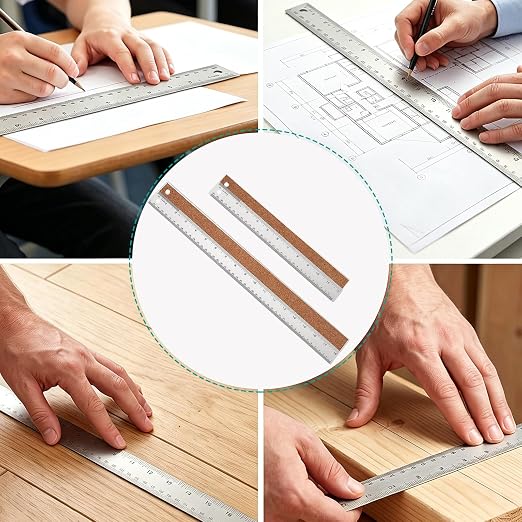 Metal Ruler 12 Inch 18 Inch Stainless Steel Ruler with Cork Backing, Non-Slip with Inch and Centimeters, Straight Edge Rulers for Student School Office Drafting Tools