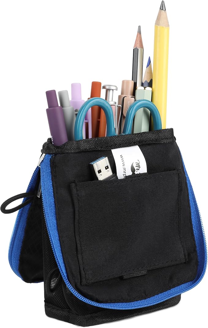 Mr. Pen- Standing Pencil Case Pouch, Sit & Lay Mesh-View Design | Black with Blue Zipper, Interior Pocket & 2 Elastic Binder Loops, Cute Pencil Case for Girls and Boys