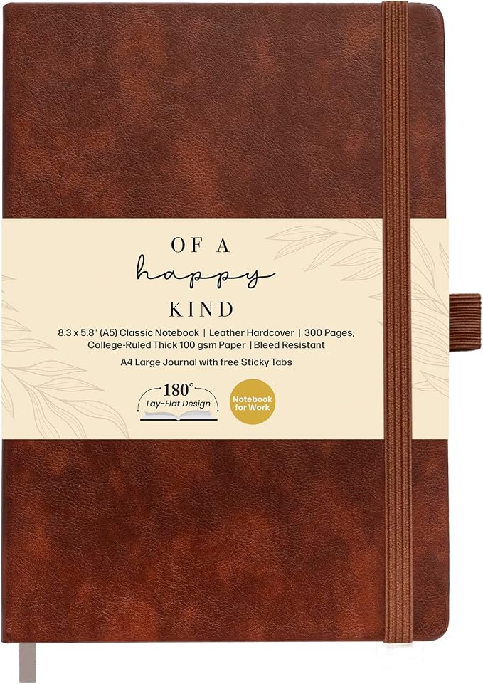 Lined Leather Bound Journal Notebook, A5 Hardcover Journals for Men & Women | 5.8x8.3" Brown Journal - Thick 300 Pages College Ruled Paper, Personal and Professional Note Book for Writing & Journaling