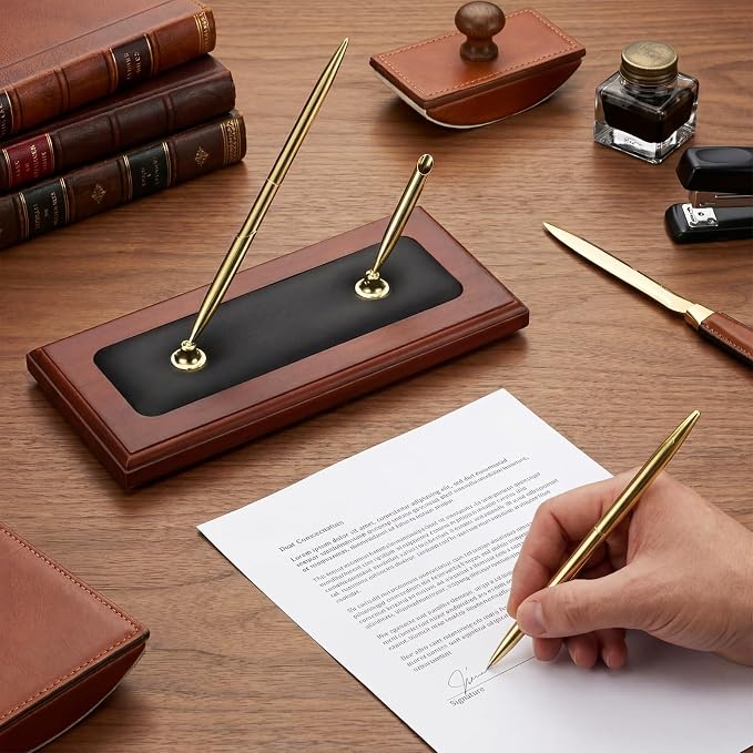 Fuyoooo Wood & Leather Double Pen Holder Desk Sets and Accessories Luxury Stand with Desk Pen for Guest Book Office Business Teacher Wedding Birthday Party Graduation