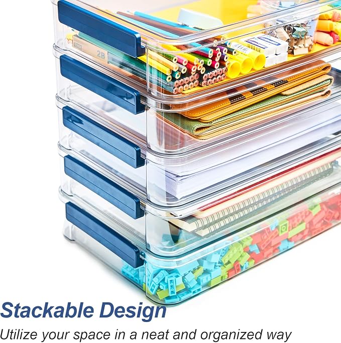 CATOOMUU 16-Pack 9x13 Shallow Flat Clear Plastic Storage Boxes | 5.5Qt stackable cases with lids, snap-tight latch container for paper, A4 files, documents, scrapbook, craft, art supplies