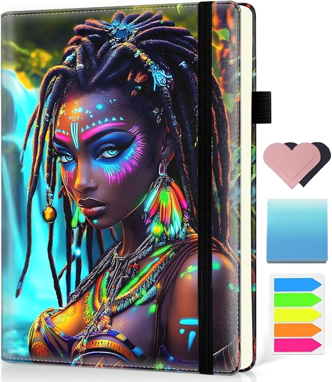 Hardcover Executive Notebooks, A5 PU Leather Lined Journal Notebook, 200 Pages Thick Paper Subject Notebooks for School,Work,Home Writing Business Notebook, Diary Book ，African American Girl