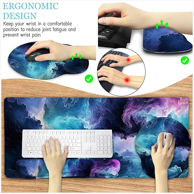 LIMKRIAN Galaxy Mouse Pad Large Desk Matt for Desktop, 4 in1 XXL Mousepad | Ergonomic Mouse Pad with Gel Wrist Rest, Gaming Mousepad Wrist Support, Keyboard Mat, Coaster, Office Desk Decor Accessories