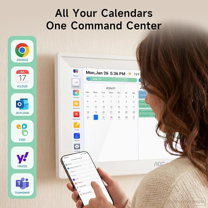AOC Digital Calendar Wall Touch Screen, 15.6" Smart Electronic Wall Planner | No Subscription Family Dashboard, Sync Google iCloud Outlook, Chore Chart, Great for Family Schedules, Meal Planner, Rewards