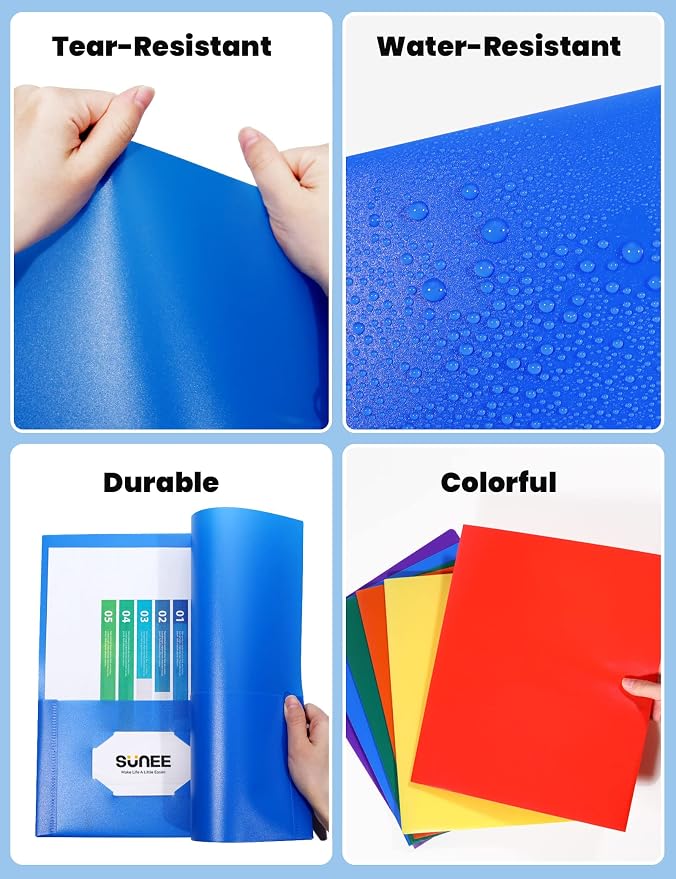 SUNEE Folders with Pockets (6 Pack, Assorted Colors), Plastic Folders with Pocket, Poly Folder for Documents Letter Size, 2 Pocket Folder for Kids, Home, School, Office