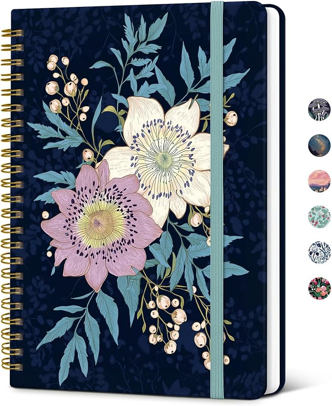 Taja Lined Spiral Journal Notebook for Women, Pretty College Ruled Notebook for Work & Note Taking, A5 Hardcover Journal for Writing, Cute Aesthetic 140 Pages, Evening Bouquet
