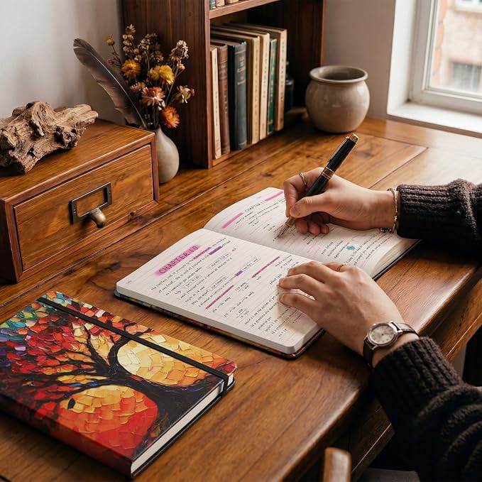 AHGXG Lined Journal Notebook, 192 Numbered Pages, A5 Size (5.7'' x 8.3'') | for Men & Women, Journaling, Writing, Work & Office, Leather Hardcover, 100 GSM Thick Paper (Colourful Tree)