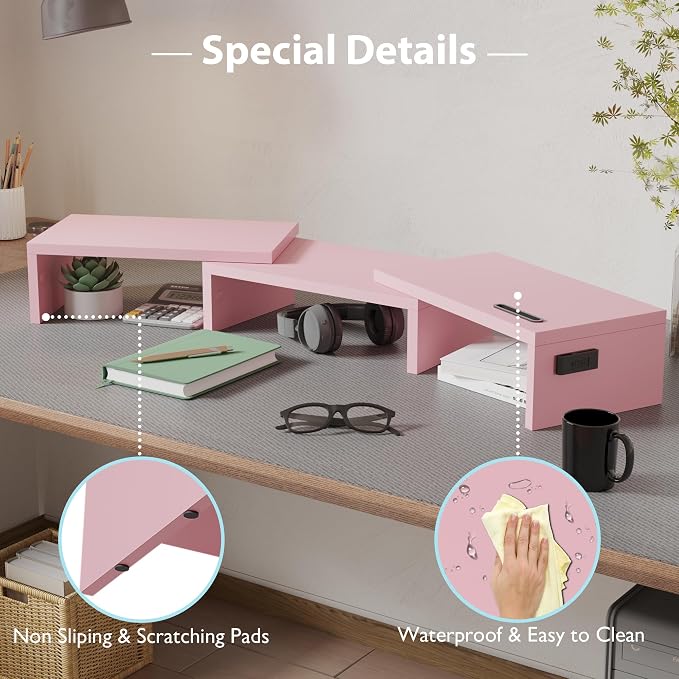 BONTEC Dual Monitor Stand Riser with Smartphone Holder, Adjustable Length & Swivel Angle, Ergonomic Wooden Desktop Organizer for PC Monitor, Laptop, Printer, Large Storage, 42.5 in, Pink