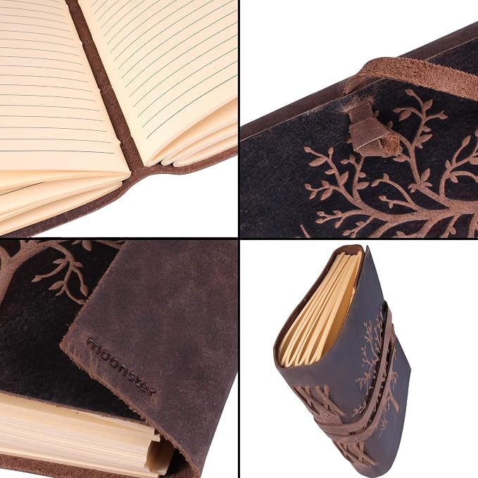 moonster Leather Journal Lined Notebook - Embossed Tree of Life Journal for Women, 7 x 5 Inch Diary Drawing Notebooks with Lined Diary Paper - College Ruled Leather Journals for Women - 400 Pages